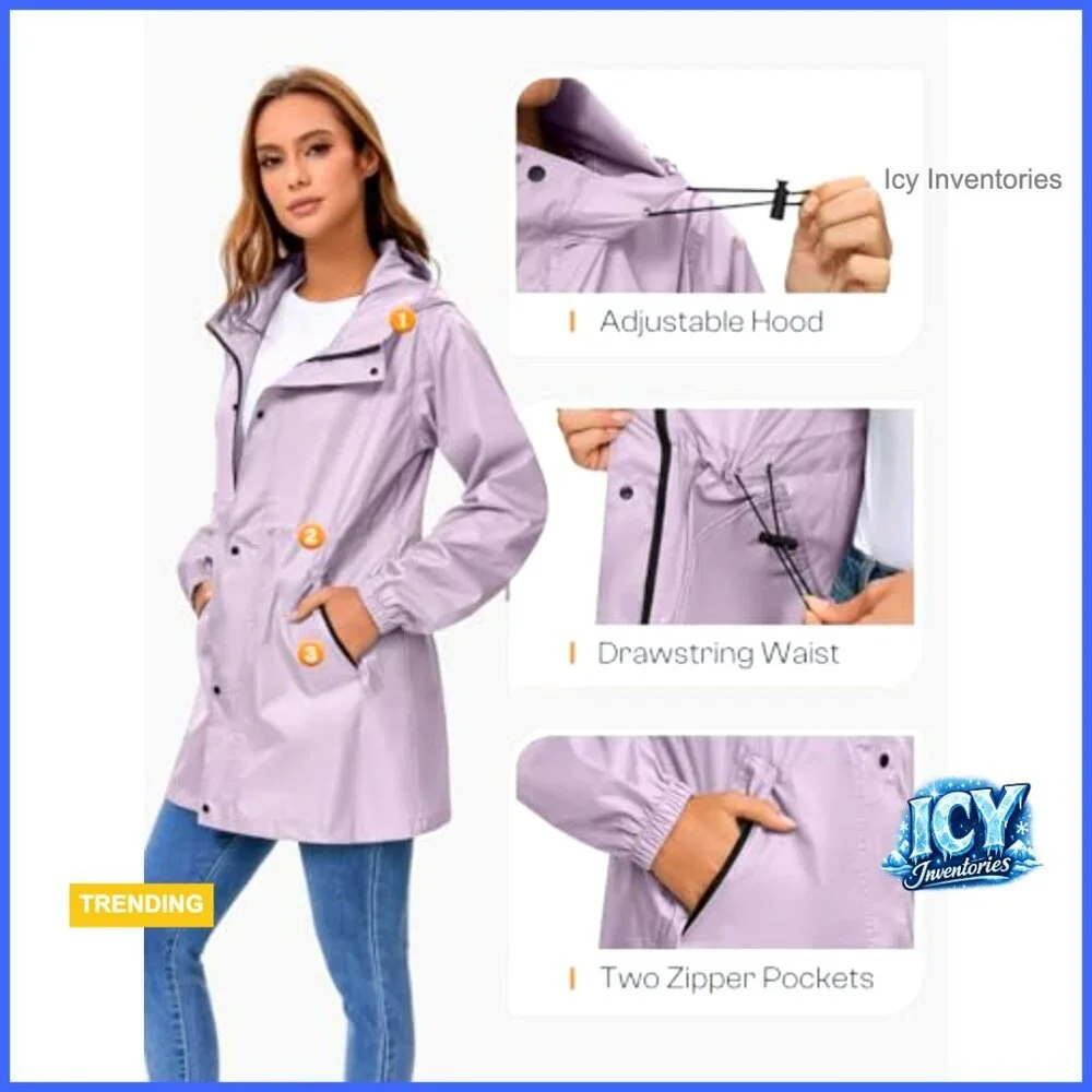 Lightweight Packable Rain Jacket Hooded Trench Coat Polyester